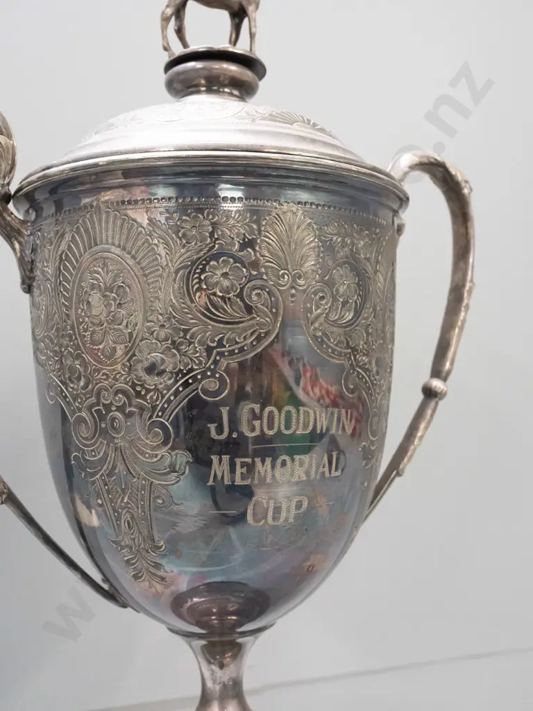large Walker & Hall Sheffield plated trophy with engraved J. Goodwin Memorial Cup and ornate motifs, with horse finial Image 1++