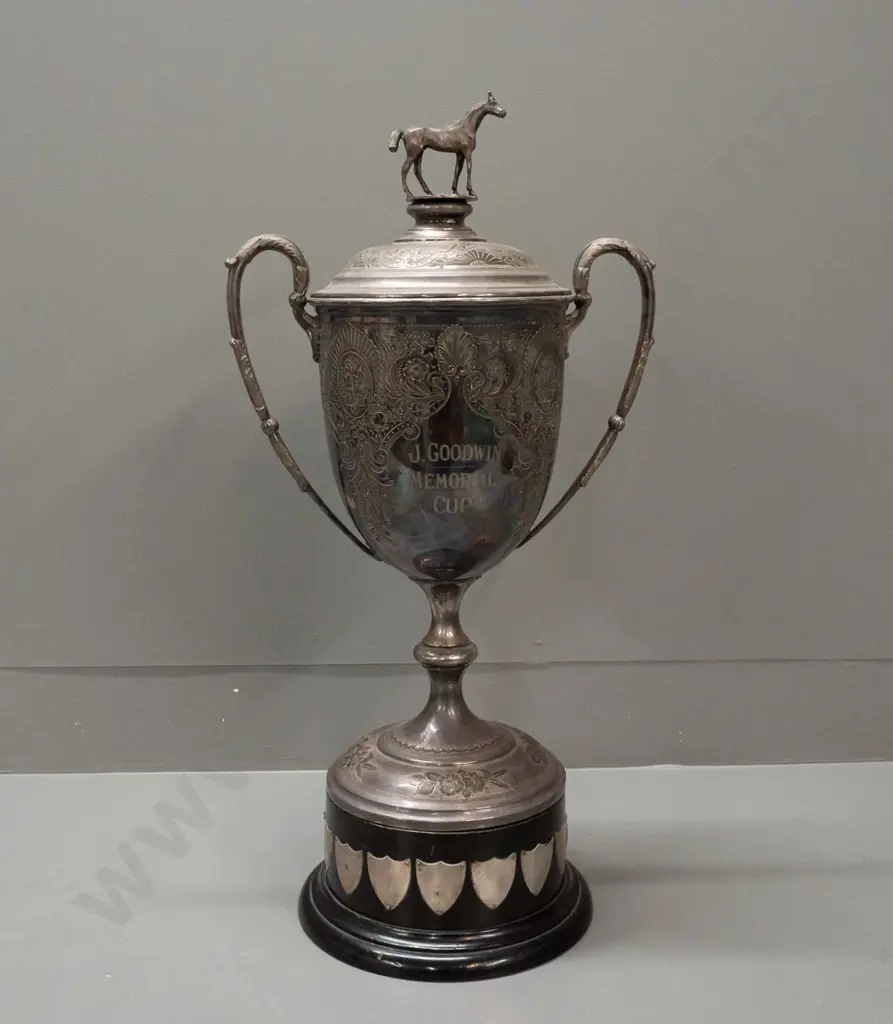 large Walker & Hall Sheffield plated trophy with engraved J. Goodwin Memorial Cup and ornate motifs, with horse finial Image 1++