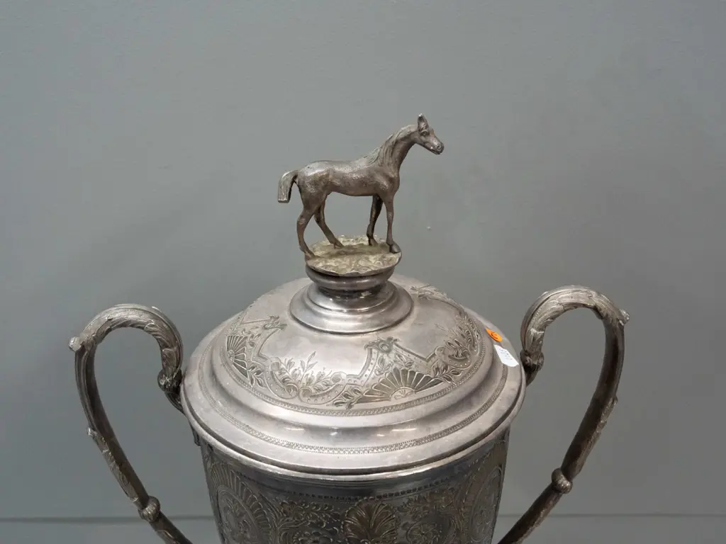 large Walker & Hall Sheffield plated trophy with engraved J. Goodwin Memorial Cup and ornate motifs, with horse finial Image 1++