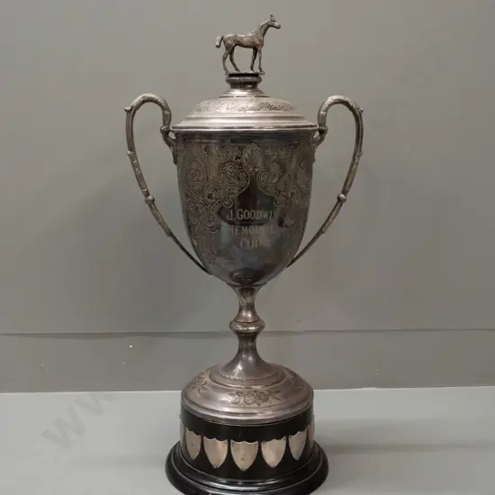 large Walker & Hall Sheffield plated trophy with engraved J. Goodwin Memorial Cup and ornate motifs, with horse finial