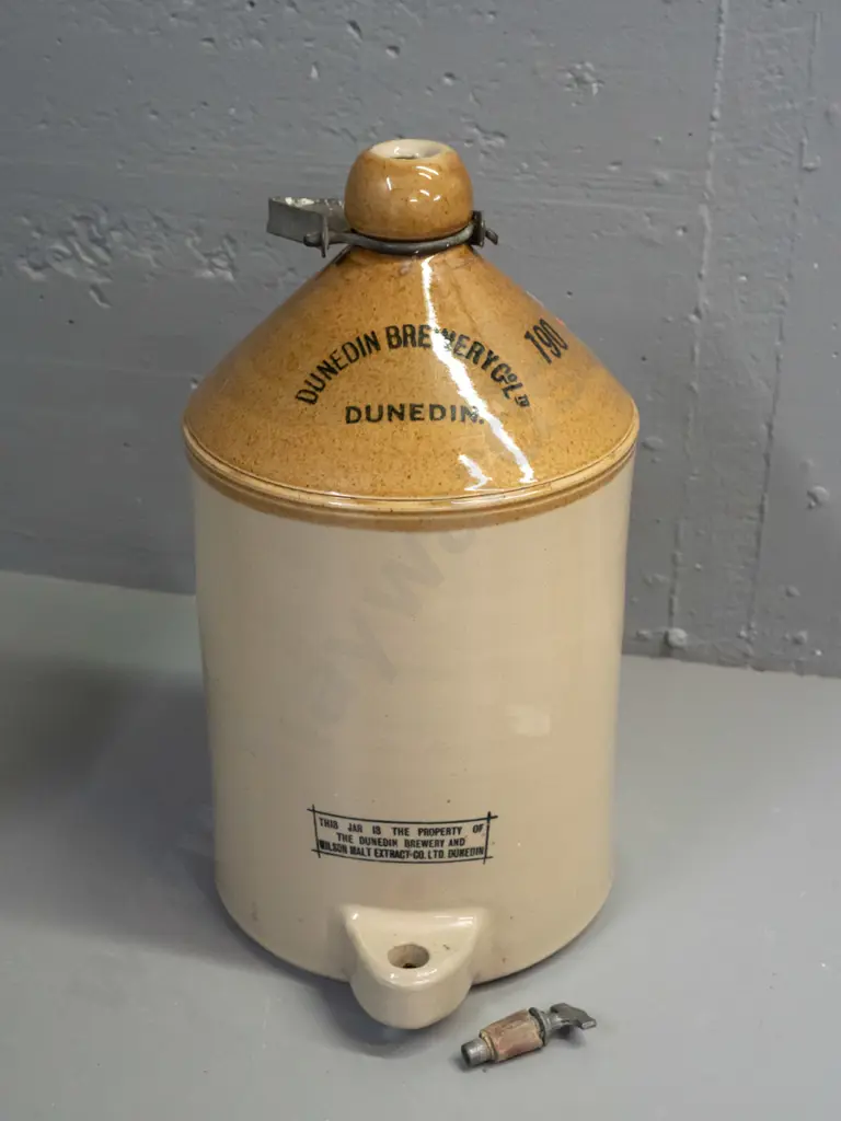 large narrow mouth stoneware crock: Dunedin Brewery Co. Ltd. & Wilson Malt Extract Co. Dunedin. Metal handle, no stopper Image 1++