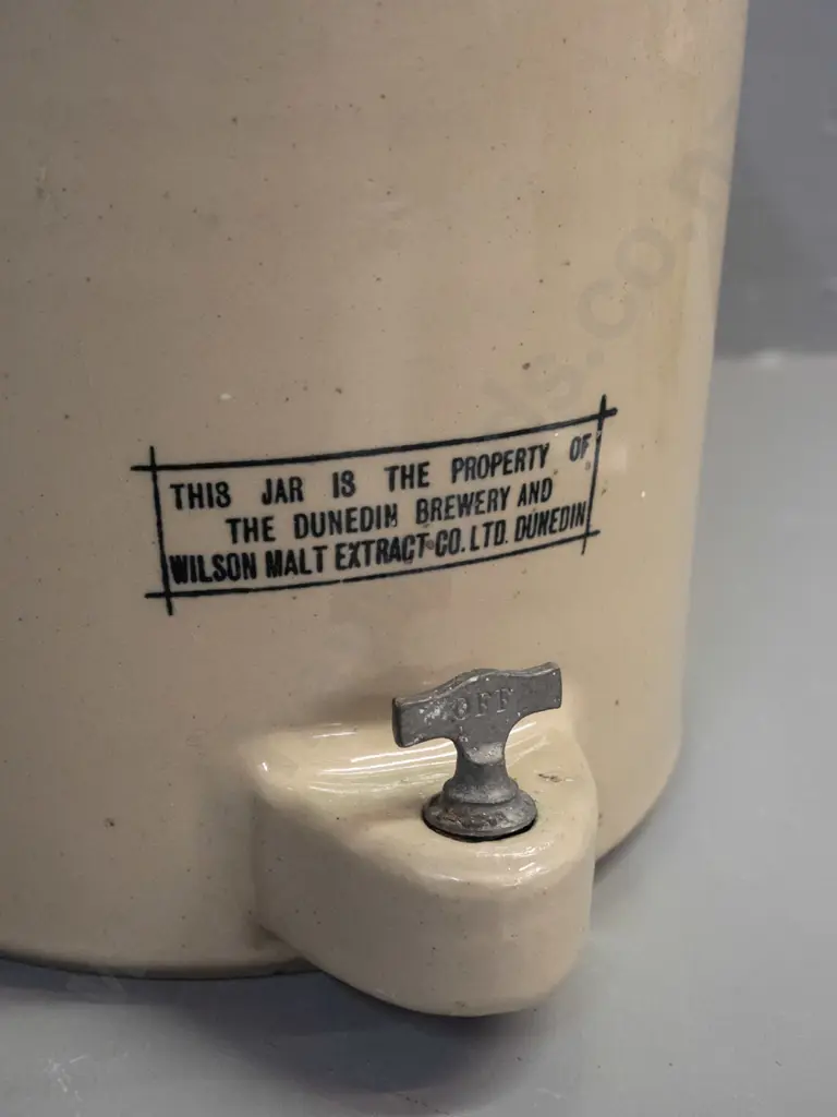 large narrow mouth stoneware crock: Dunedin Brewery Co. Ltd. & Wilson Malt Extract Co. Dunedin. Metal handle, no stopper Image 1++