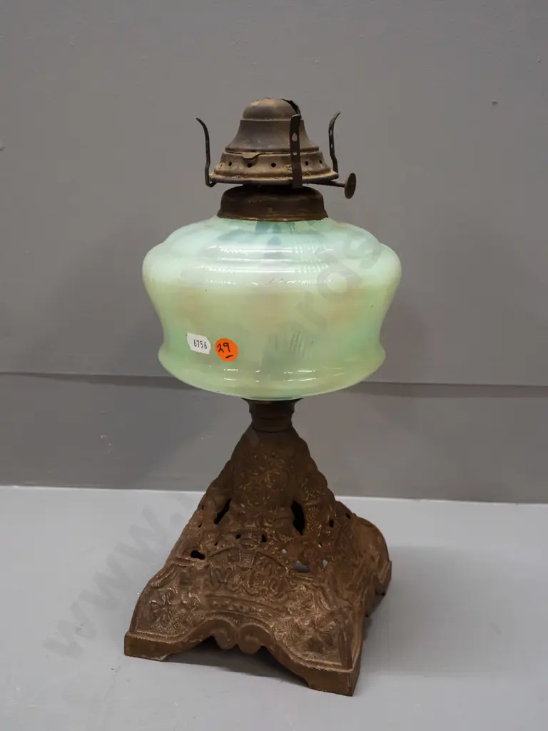 vintage kerosene lamp base with uranium glass tank, cast metal base, no chimney - adjustment knob marked Venus, Made in Image 1++
