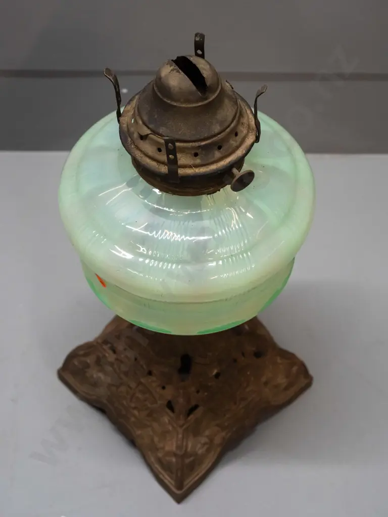 vintage kerosene lamp base with uranium glass tank, cast metal base, no chimney - adjustment knob marked Venus, Made in Image 1++