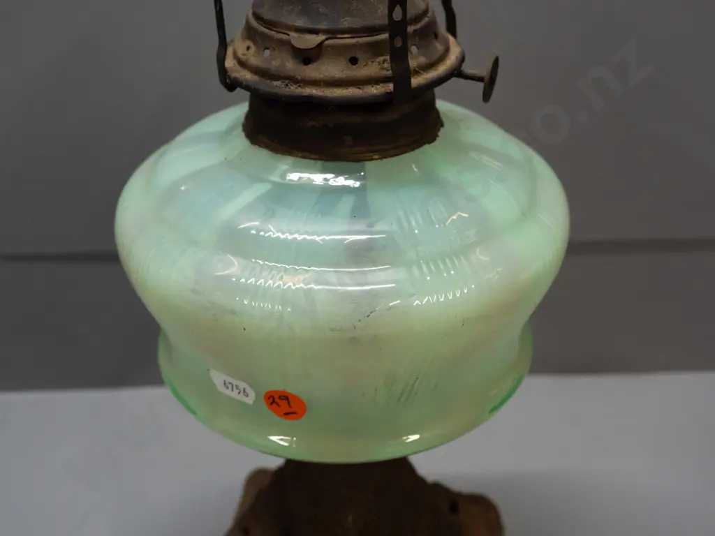 vintage kerosene lamp base with uranium glass tank, cast metal base, no chimney - adjustment knob marked Venus, Made in Image 1++