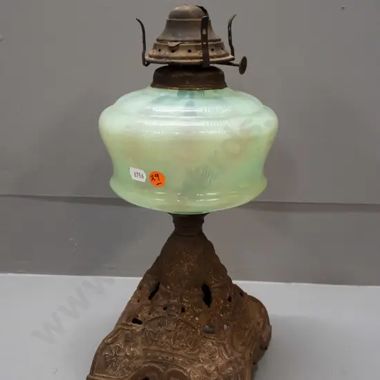 vintage kerosene lamp base with uranium glass tank, cast metal base, no chimney - adjustment knob marked Venus, Made in