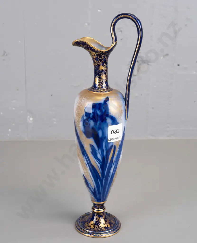 vintage Royal Doulton Iris pattern ewer shape vase with tall scrolling handle - remnant DIC Dunedin label on base, also Image 1++