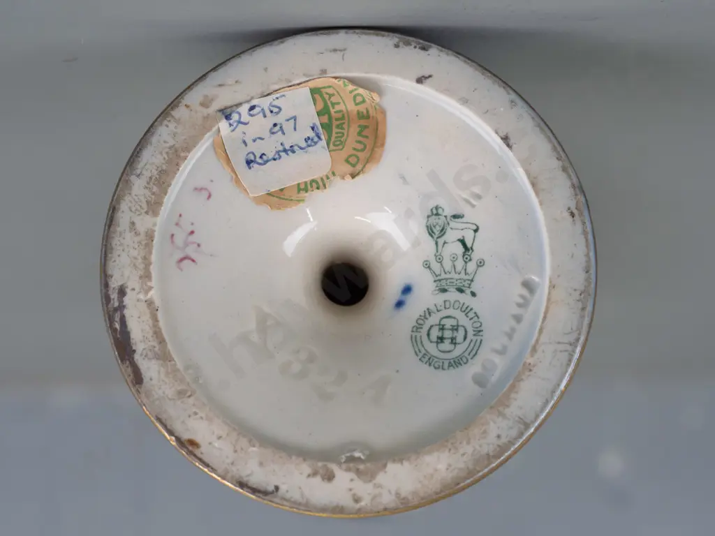 vintage Royal Doulton Iris pattern ewer shape vase with tall scrolling handle - remnant DIC Dunedin label on base, also Image 1++