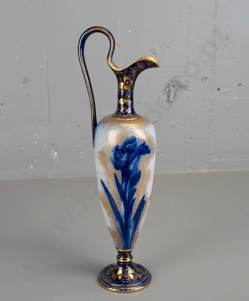 vintage Royal Doulton Iris pattern ewer shape vase with tall scrolling handle - remnant DIC Dunedin label on base, also Image 1++