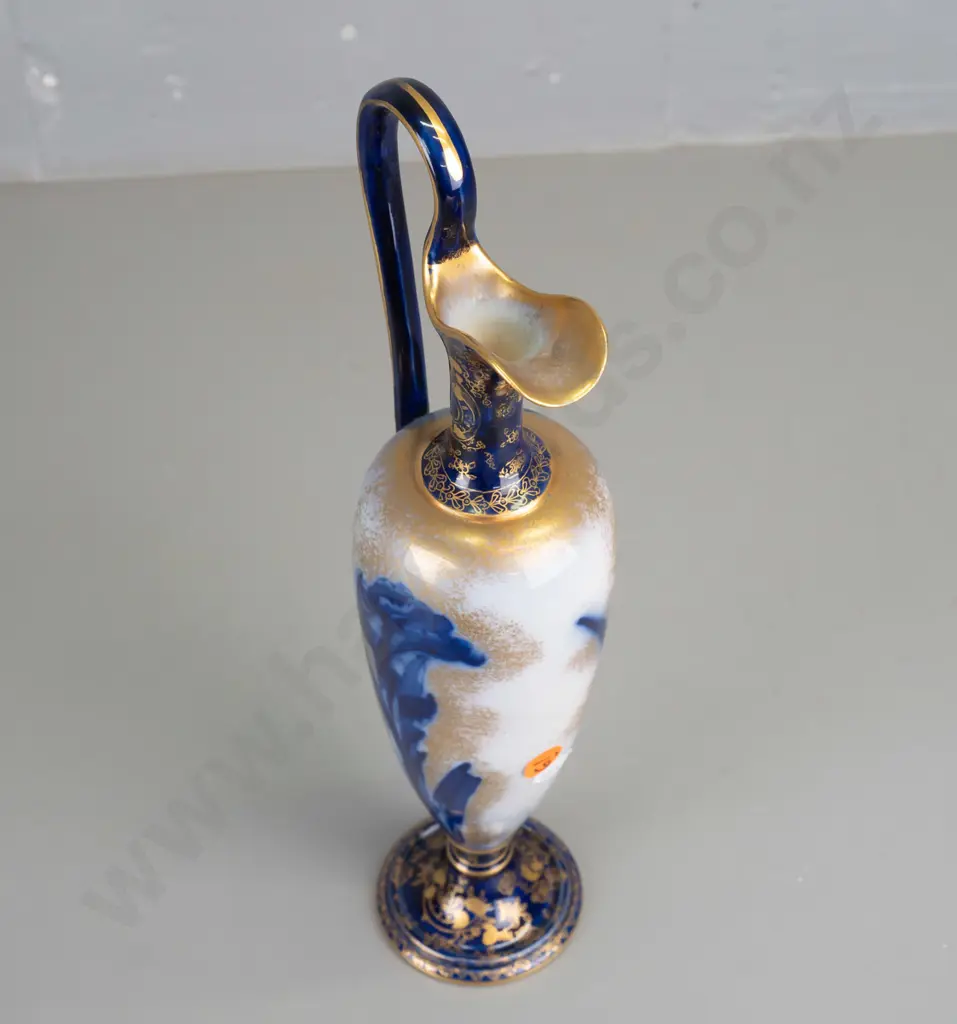 vintage Royal Doulton Iris pattern ewer shape vase with tall scrolling handle - remnant DIC Dunedin label on base, also Image 1++