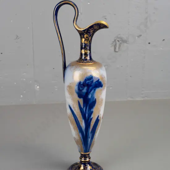 vintage Royal Doulton Iris pattern ewer shape vase with tall scrolling handle - remnant DIC Dunedin label on base, also