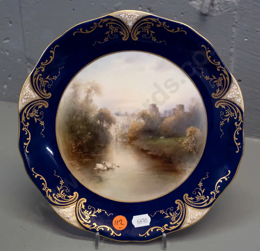 Royal Worcester cabinet plate with gilt rim, swans on river with city (Edinburgh?) scene - signed Harry Stinton, circa Image 1++