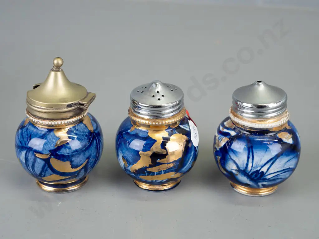 vintage cobalt blue and gilt floral pattern condiments, marked B 5221 - salt, pepper and mustard (plating worn off) Image 1++