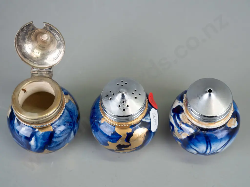 vintage cobalt blue and gilt floral pattern condiments, marked B 5221 - salt, pepper and mustard (plating worn off) Image 1++