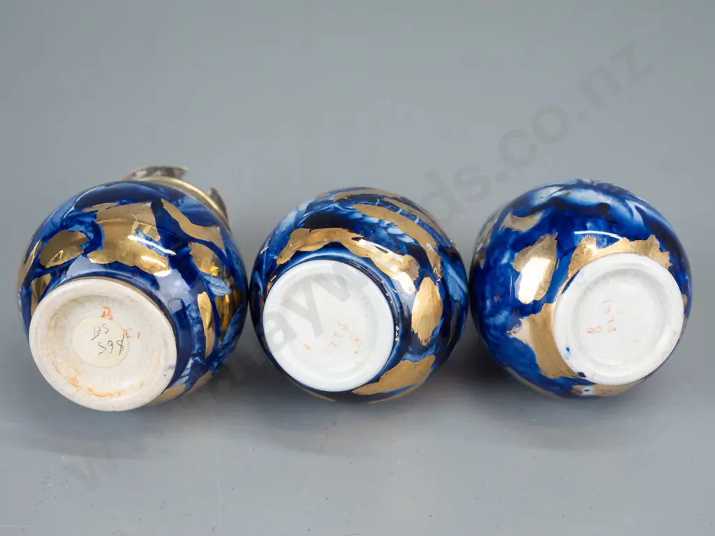 vintage cobalt blue and gilt floral pattern condiments, marked B 5221 - salt, pepper and mustard (plating worn off) Image 1++