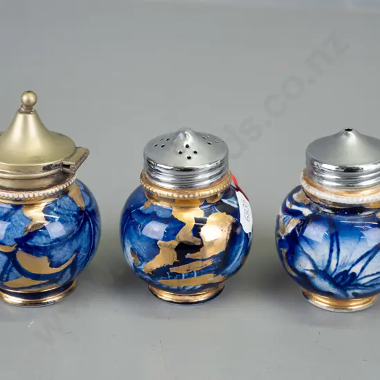 vintage cobalt blue and gilt floral pattern condiments, marked B 5221 - salt, pepper and mustard (plating worn off)