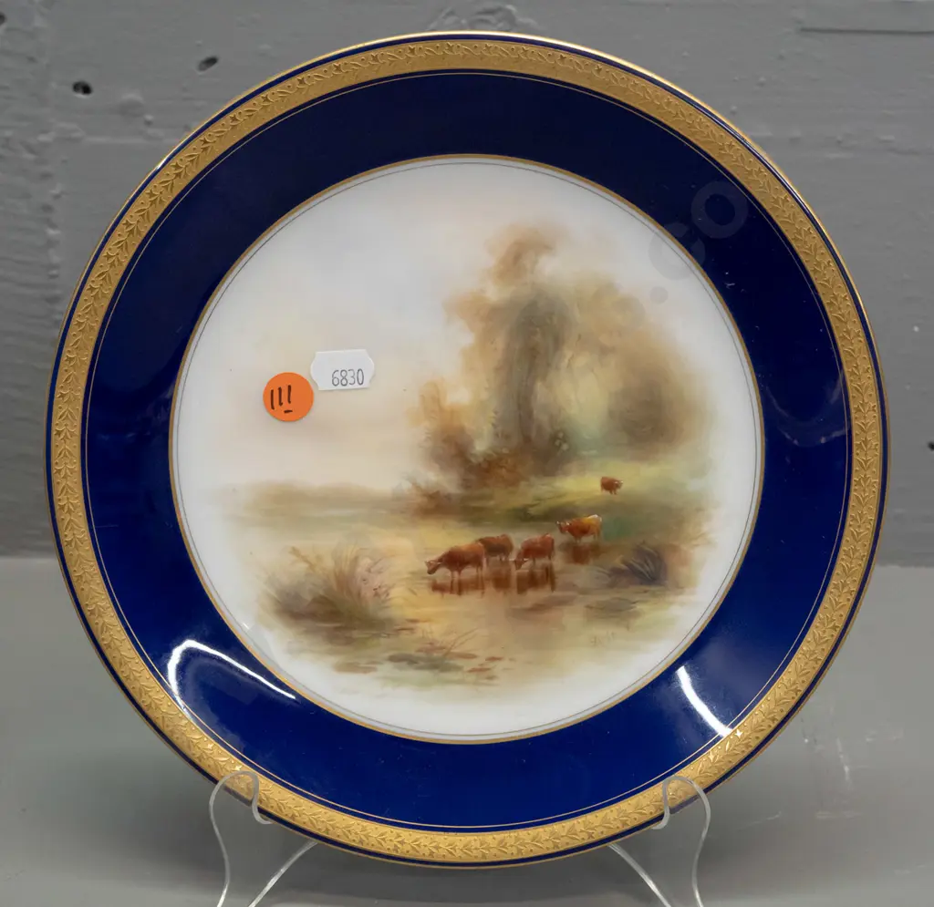 Royal Worcester highland cattle scene cabinet plate with gilt rim, signed James Stinton, circa 1912 according to label. Image 1++
