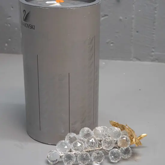 Swarovski crystal ornament in original packaging - cluster of grapes with metal stem, leaves and end of stem gilded