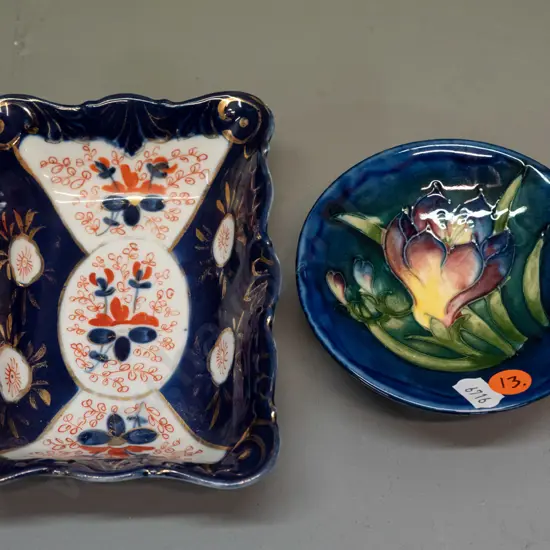 small Moorcroft footed dish D-110 [small manufacturing flaw in base], small Imari rectangular dish no makers mark [some