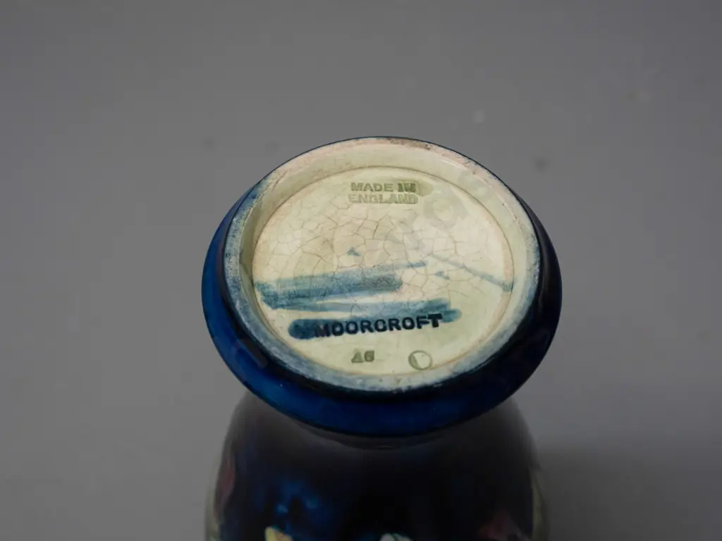 vintage Moorcroft tube-lined pansy pattern vase - blue signature, small fleck near base - see photos. H-190 Image 1++