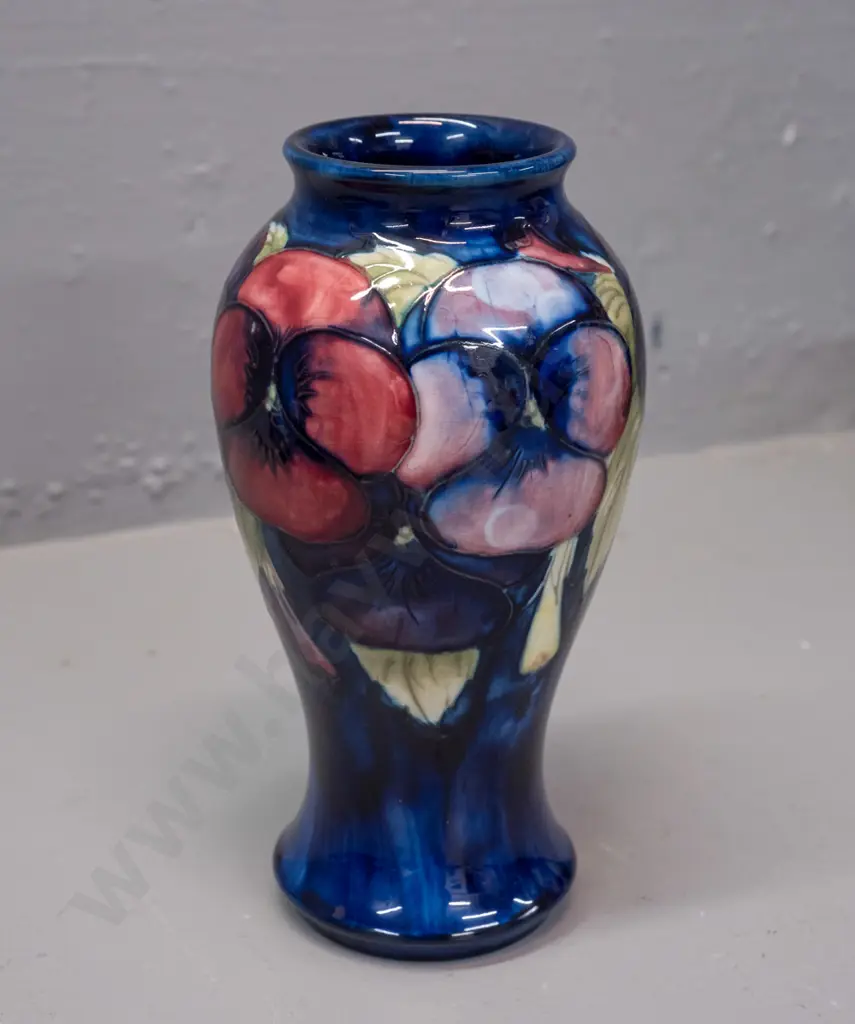 vintage Moorcroft tube-lined pansy pattern vase - blue signature, small fleck near base - see photos. H-190 Image 1++
