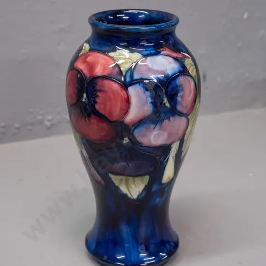 vintage Moorcroft tube-lined pansy pattern vase - blue signature, small fleck near base - see photos. H-190
