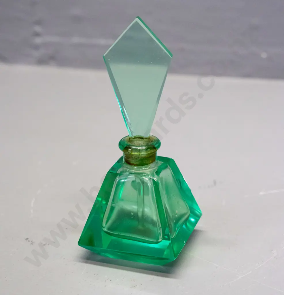 vintage deco style green uranium glass stoppered scent bottle - stopper is stuck, has shallow chip near bottom of Image 1++