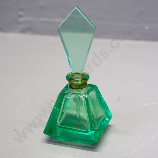 vintage deco style green uranium glass stoppered scent bottle - stopper is stuck, has shallow chip near bottom of