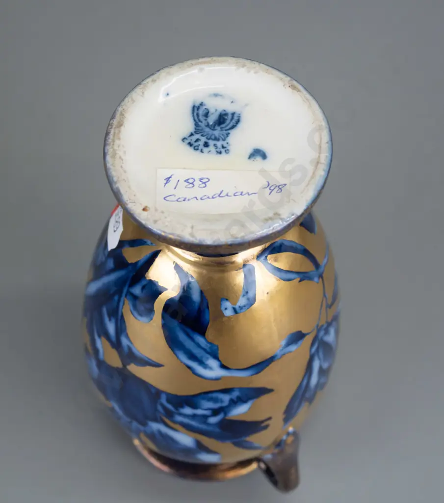 vintage floral cobalt blue & gilt decorated urn shaped vase w/ applied handles - marked TF&S (Thomas Forester & Sons) Image 1++