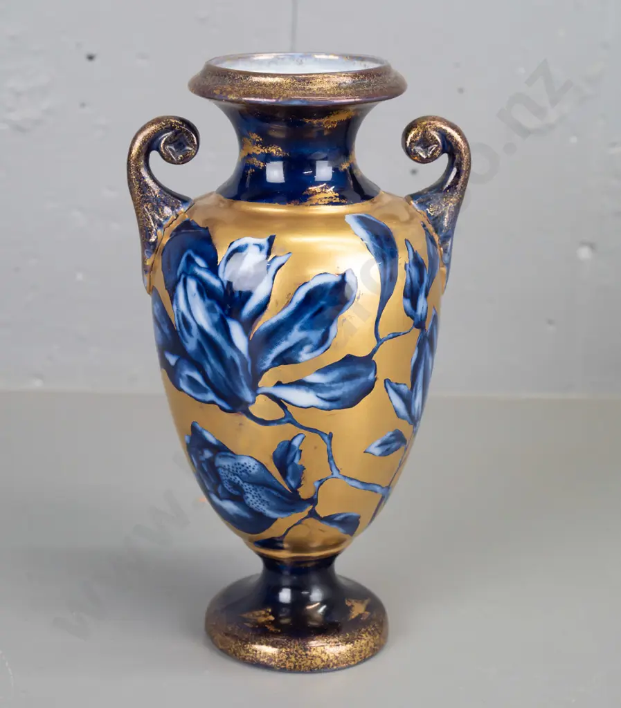 vintage floral cobalt blue & gilt decorated urn shaped vase w/ applied handles - marked TF&S (Thomas Forester & Sons) Image 1++