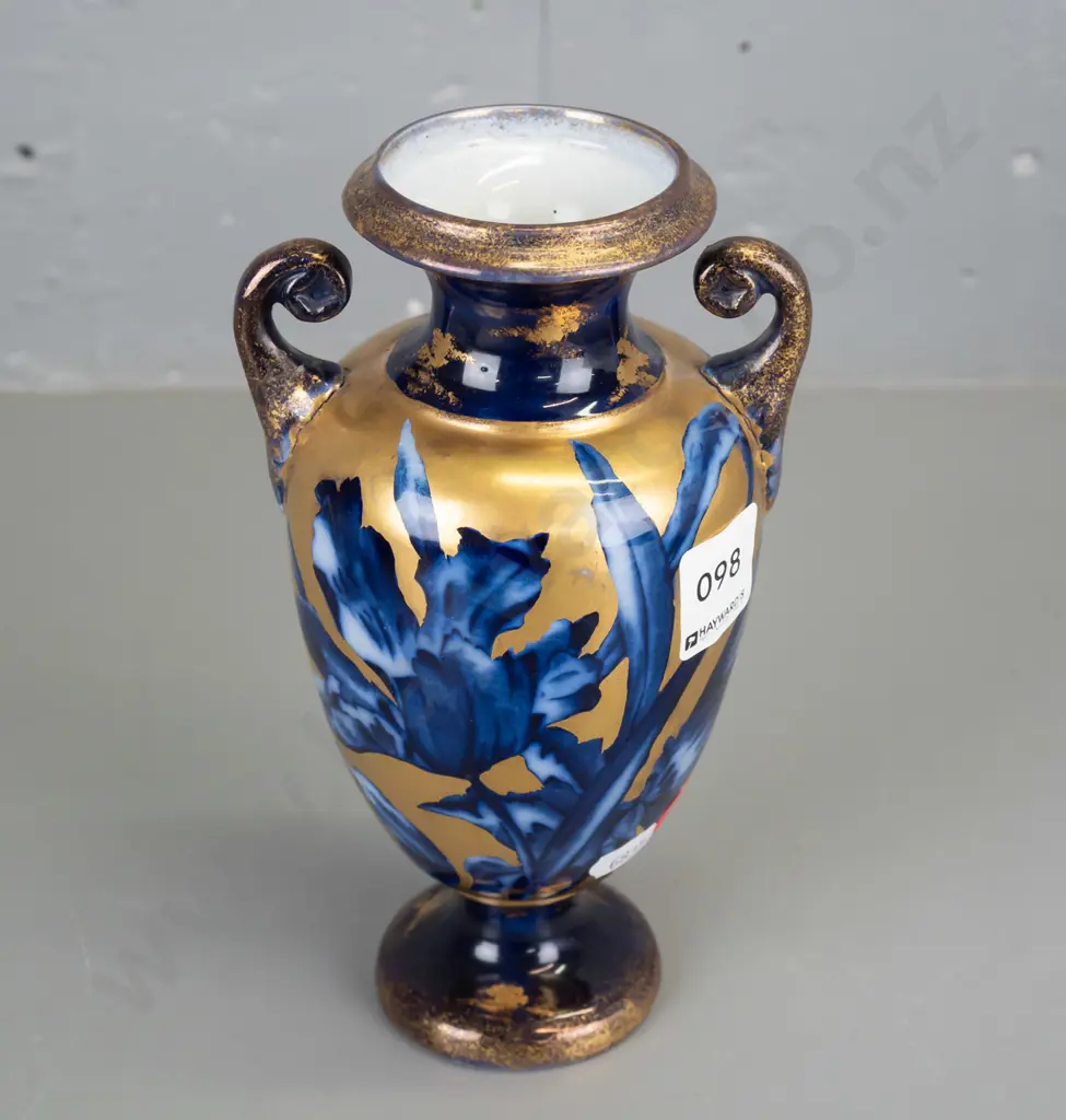 vintage floral cobalt blue & gilt decorated urn shaped vase w/ applied handles - marked TF&S (Thomas Forester & Sons) Image 1++