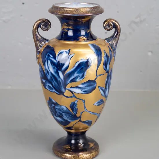 vintage floral cobalt blue & gilt decorated urn shaped vase w/ applied handles - marked TF&S (Thomas Forester & Sons)