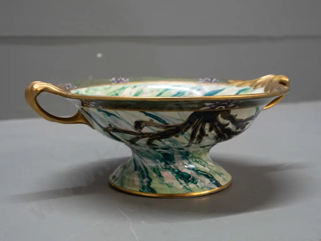 Maling lustre comport with fish decoration, gilt rims and applied handles H-70 W-200 at handles Image 1++