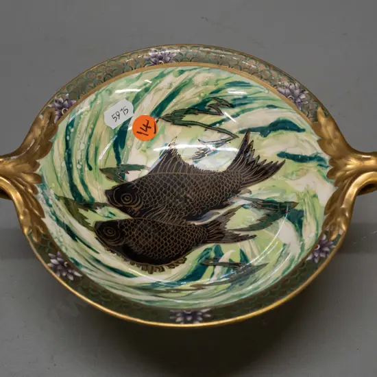 Maling lustre comport with fish decoration, gilt rims and applied handles H-70 W-200 at handles