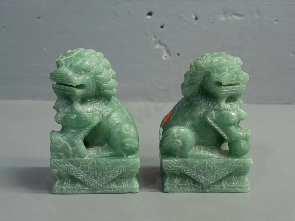 2 small Chinese carved green stone temple lions - some light chipping & wear H-100 L-70 Image 1++