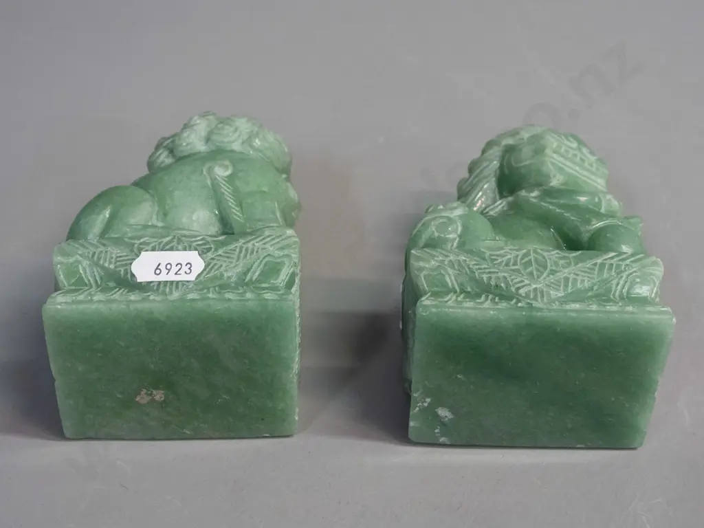 2 small Chinese carved green stone temple lions - some light chipping & wear H-100 L-70 Image 1++