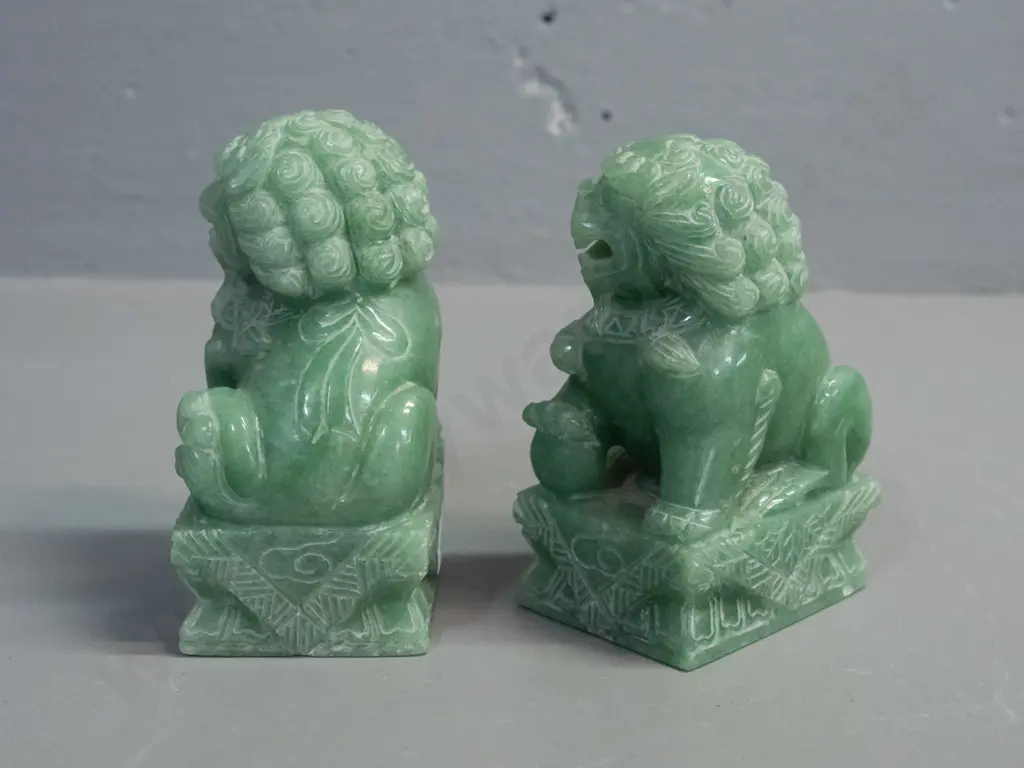 2 small Chinese carved green stone temple lions - some light chipping & wear H-100 L-70 Image 1++