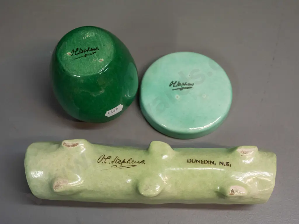 3 pieces of O.C. Stephens pottery in various shades of green - small vase, pin dish and log vase - some minor staining Image 1++