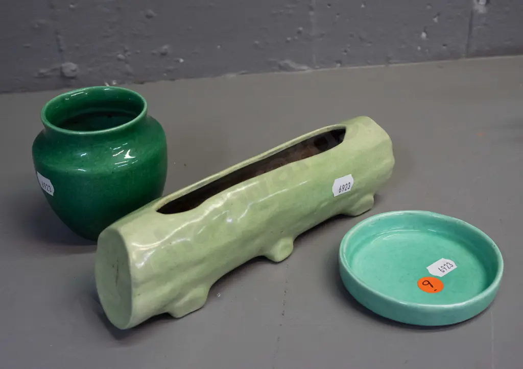 3 pieces of O.C. Stephens pottery in various shades of green - small vase, pin dish and log vase - some minor staining Image 1++