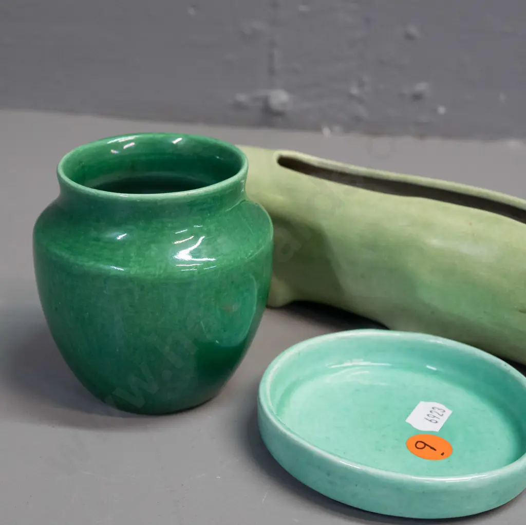 3 pieces of O.C. Stephens pottery in various shades of green - small vase, pin dish and log vase - some minor staining Image 1++