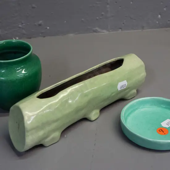 3 pieces of O.C. Stephens pottery in various shades of green - small vase, pin dish and log vase - some minor staining