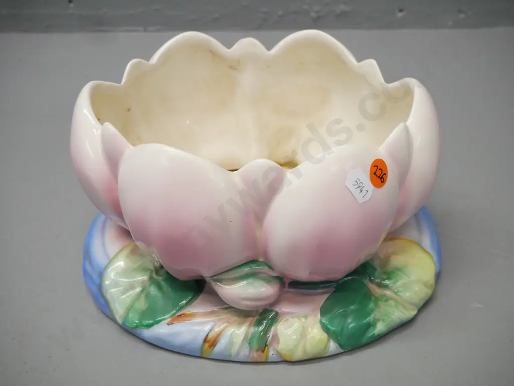 vintage hand-painted Clarice Cliff waterlily bowl -- light wear, soiling to interior H-125 L-220 Image 1++