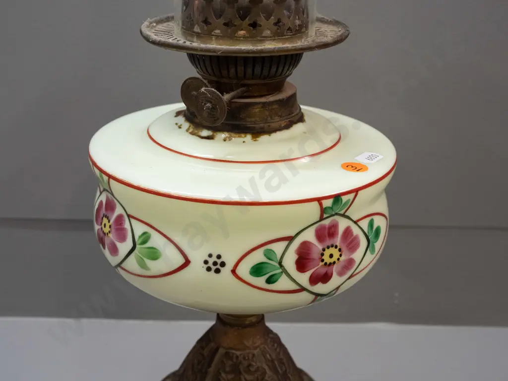 vintage kerosene lamp with hand painted uranium glass tank on cast metal base, globe logo on adjustment knobs H-555 Image 1++