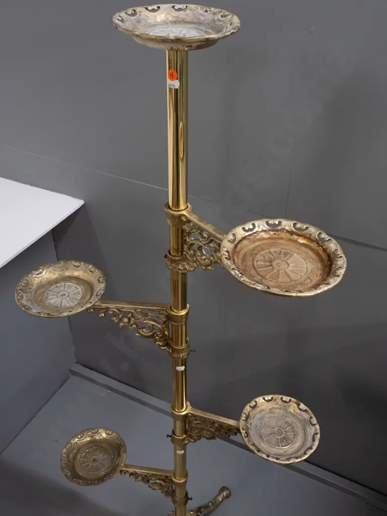 Large vintage cast-brass plant stand w/ 5 platforms -- 4 on adjustable bracket arms -- on tripod base H-1370 W-580 [some Image 1++