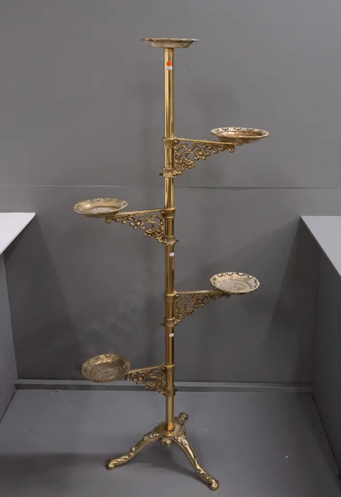 Large vintage cast-brass plant stand w/ 5 platforms -- 4 on adjustable bracket arms -- on tripod base H-1370 W-580 [some Image 1++
