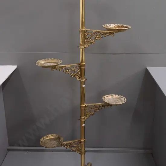 Large vintage cast-brass plant stand w/ 5 platforms -- 4 on adjustable bracket arms -- on tripod base H-1370 W-580 [some