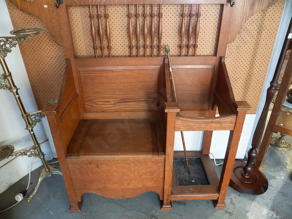 vintage tall arts & crafts style oak hall stand with carved panel above bevelled edge mirror, 10 coat / hat hooks, Image 1++