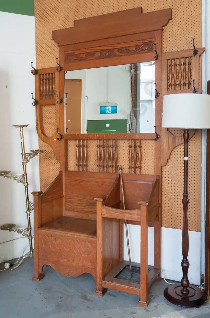 vintage tall arts & crafts style oak hall stand with carved panel above bevelled edge mirror, 10 coat / hat hooks, Image 1++
