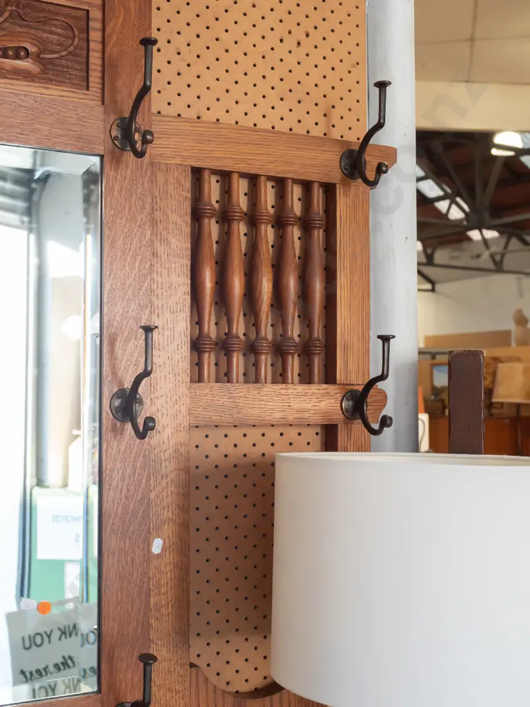 vintage tall arts & crafts style oak hall stand with carved panel above bevelled edge mirror, 10 coat / hat hooks, Image 1++