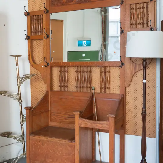 vintage tall arts & crafts style oak hall stand with carved panel above bevelled edge mirror, 10 coat / hat hooks,